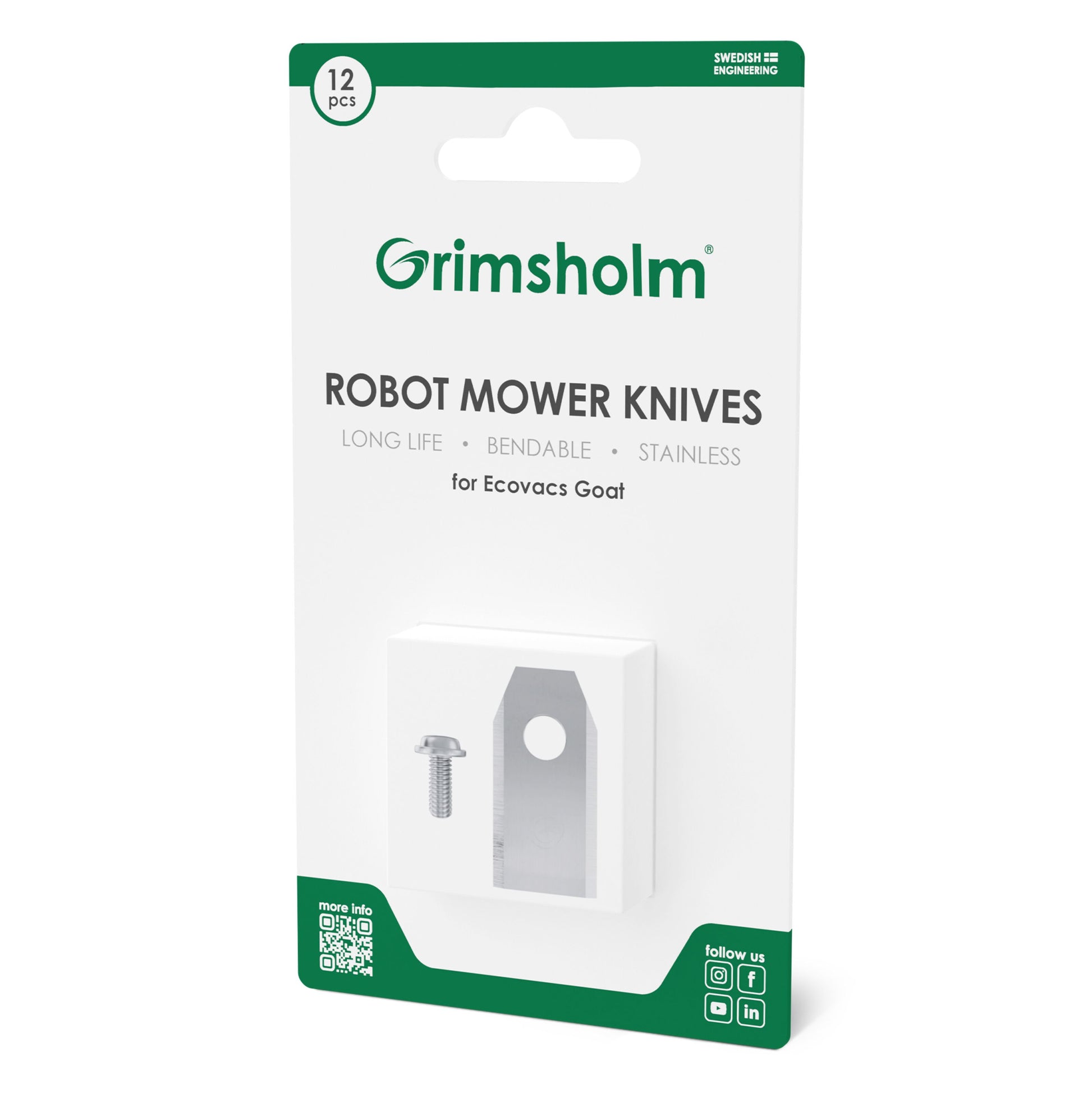 Grimsholm-kniv til Ecovacs GOAT, 12-pak, rustfri med skruer, kompatibel med Ecovacs GOAT, hvidt og grønt design.