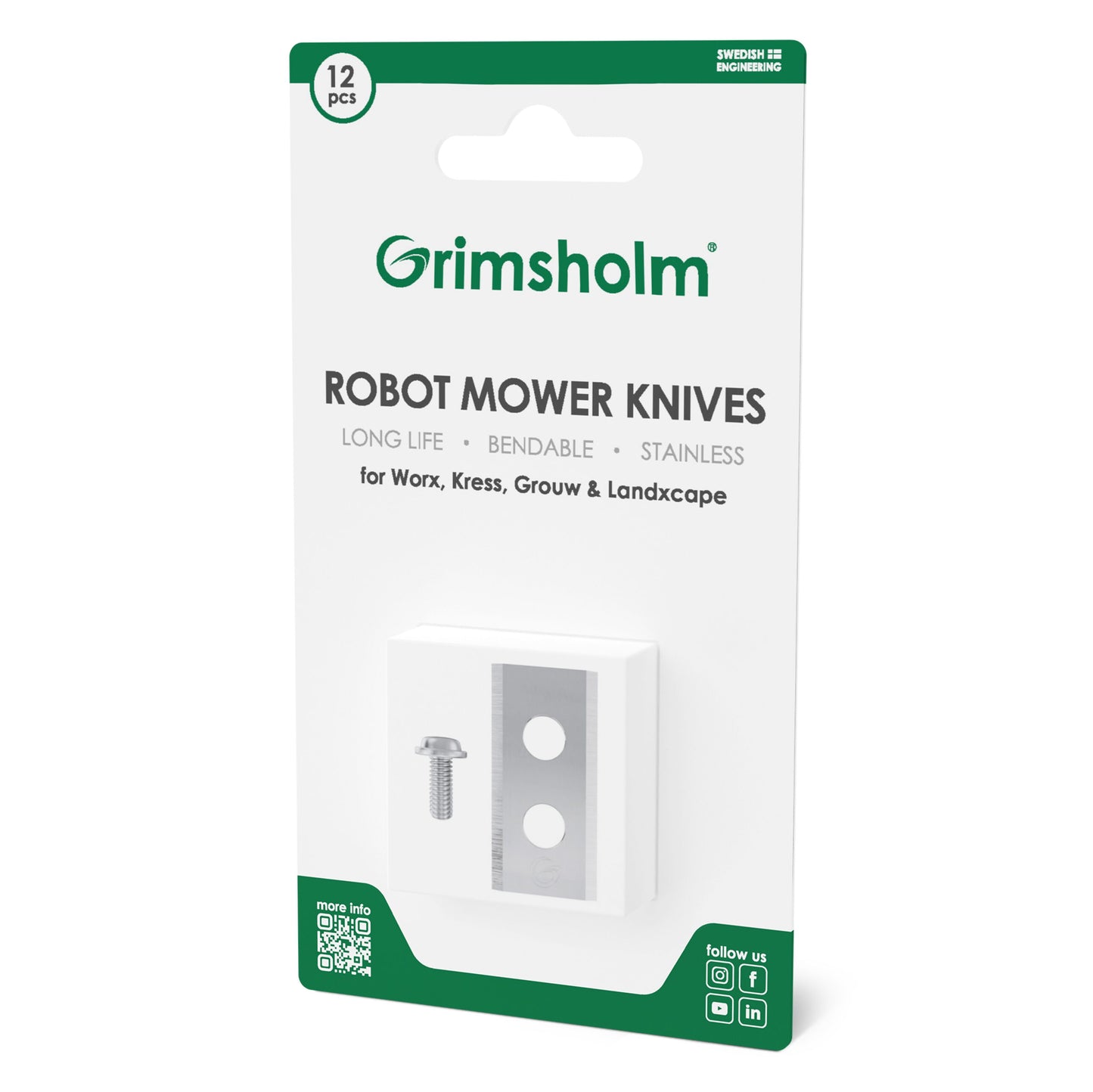 Grimsholm robotplæneklipperkniv 12-pak til Worx Landroid, rustfri stålblade og skruer, grøn/hvid æske med QR-koder.