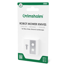 Grimsholm robotplæneklipperkniv 12-pak til Worx Landroid, rustfri stålblade og skruer, grøn/hvid æske med QR-koder.