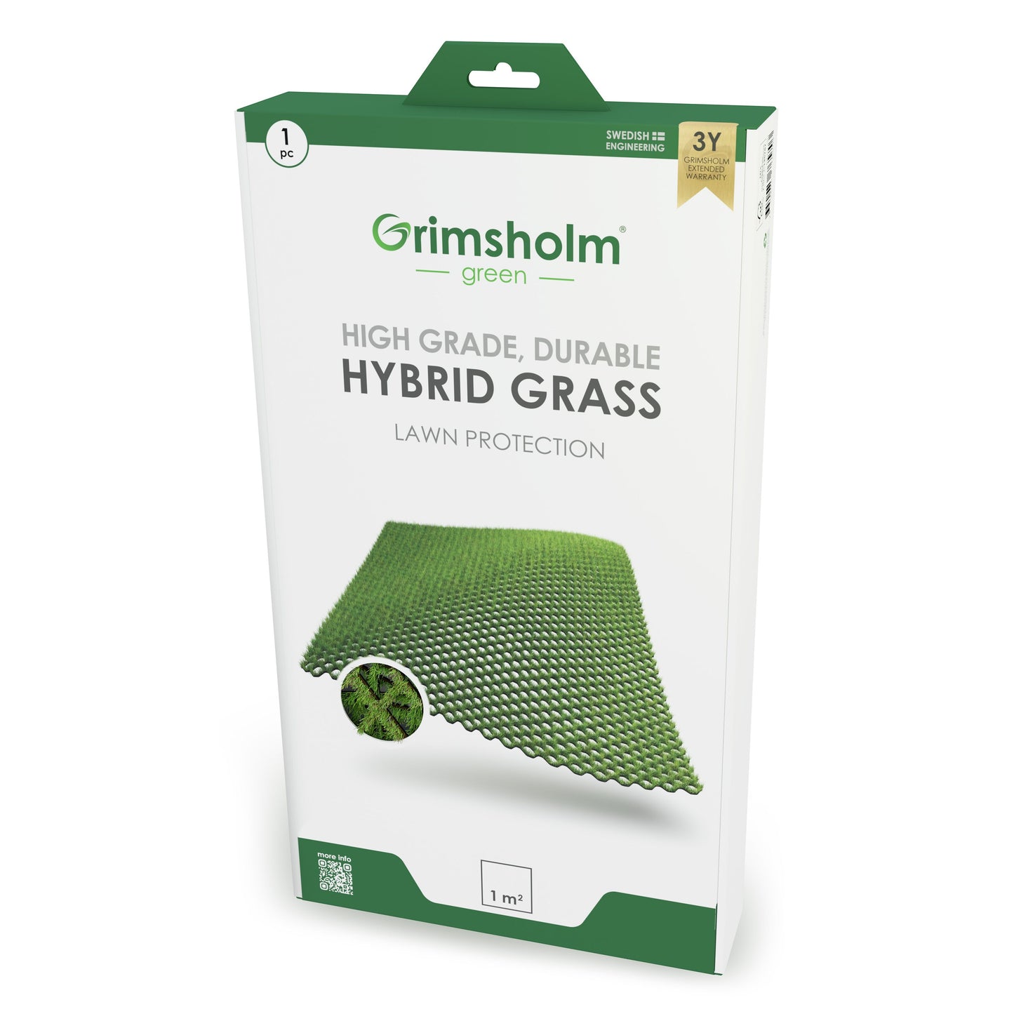 Grimsholm Hybridgræs Premium 1-1 m hvid/grøn æske, netplænemåtte 1 m², 3 års UV-beskyttelse, til robotplæneklipper.