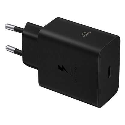 Samsung 60W sort USB-C oplader med to runde ben, én USB-C port, lyn-ikon og teksten "Super Fast Charging.
