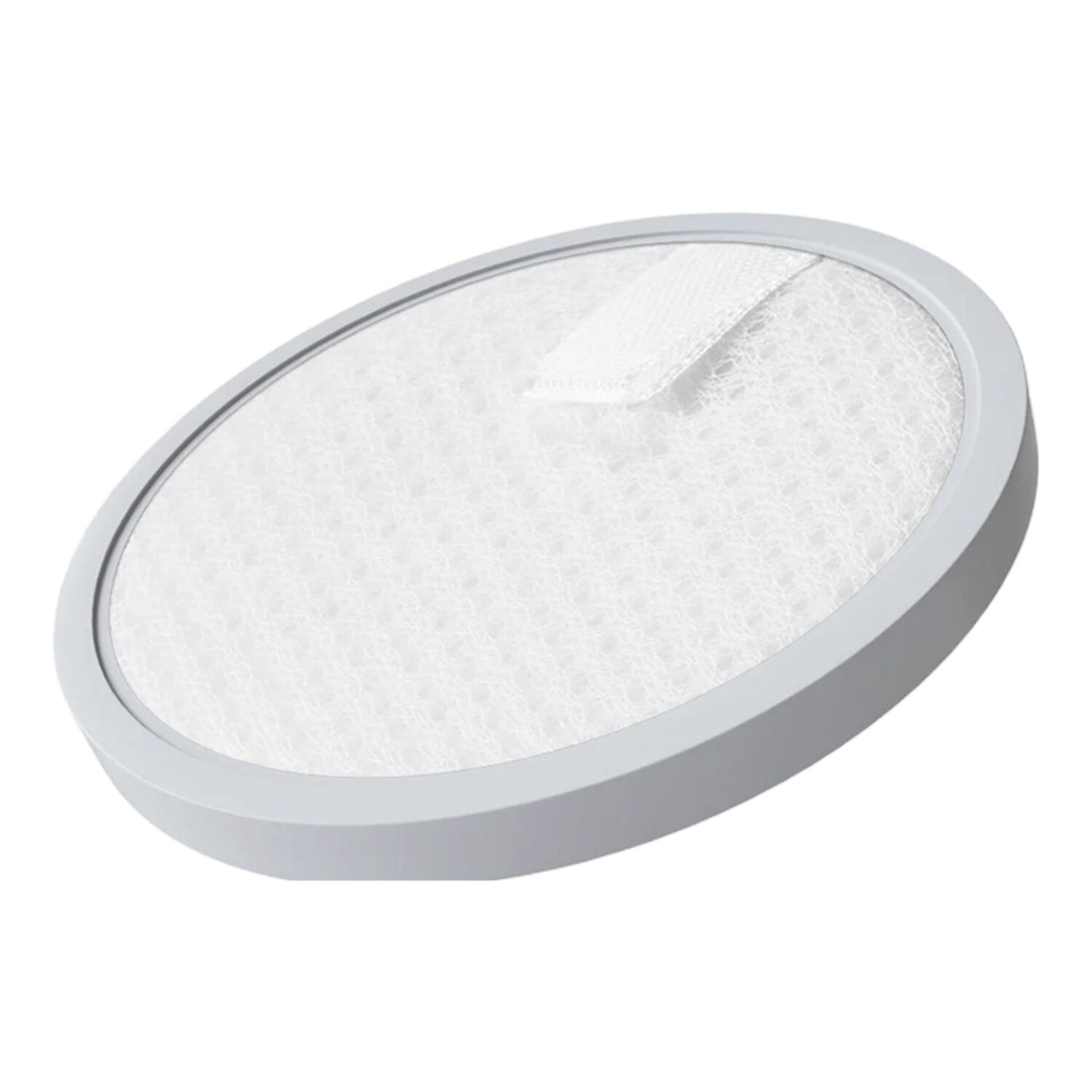 Xiaomi Støvsuger G20 Lite Filter Sæt, rund hvid pad med grå kant og stofstrop, til G20 Lite støvsuger, vippet vinkel.