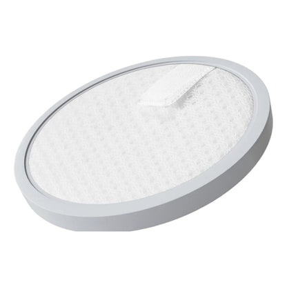 Xiaomi Støvsuger G20 Lite Filter Sæt, rund hvid pad med grå kant og stofstrop, til G20 Lite støvsuger, vippet vinkel.