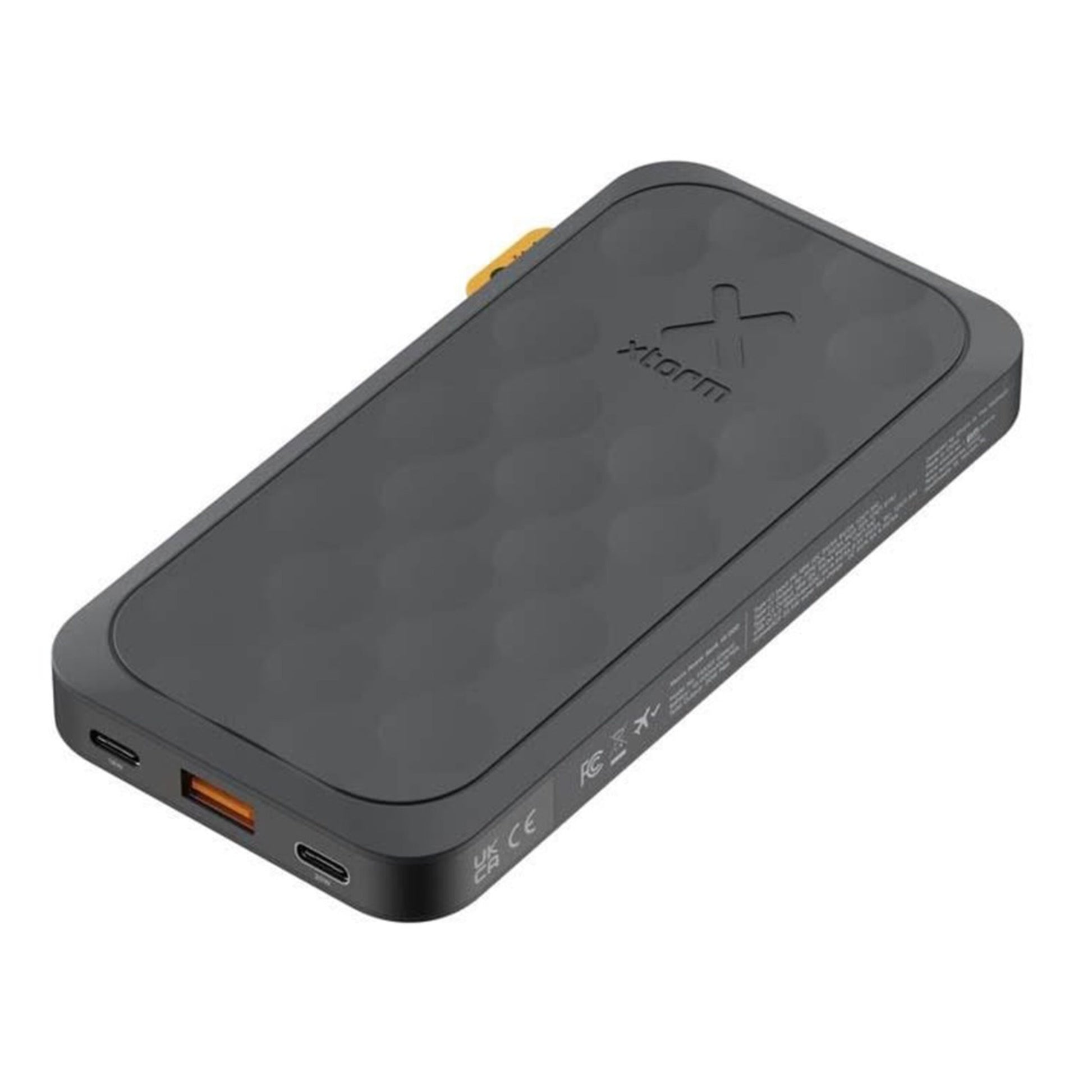 Xtorm Powerbank 20W 10.000 mAh Fuel Series 5 sort, afrundede kanter, tekstureret overflade, X-logo, USB-A og USB-C.