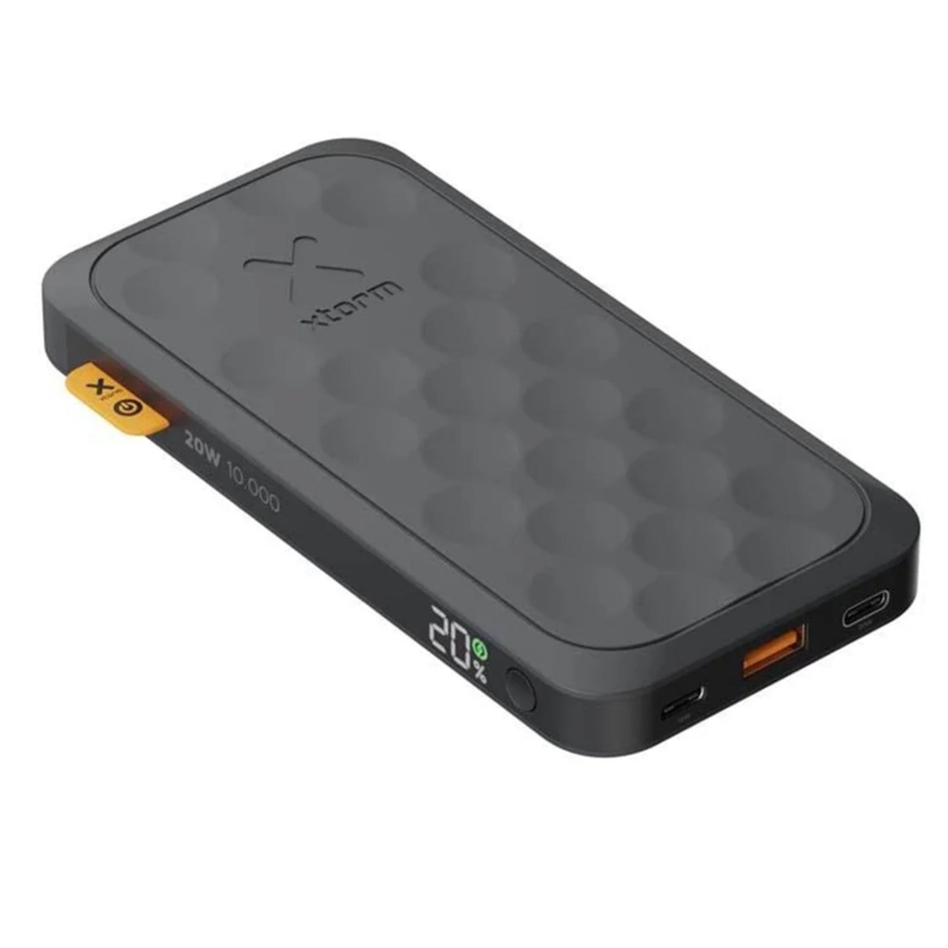 Xtorm Powerbank 20W 10000mAh Fuel Series 5 sort, orange fane, digitalt display 20, USB-A, USB-C og micro USB porte.