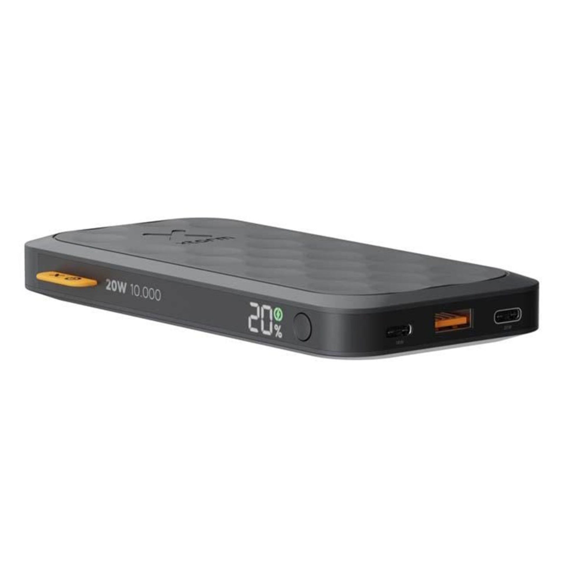 Xtorm Powerbank 20W 10000mAh Fuel Series 5 sorter med digitalt display, til USB-porte (orange og sort), viser 20 batteri.