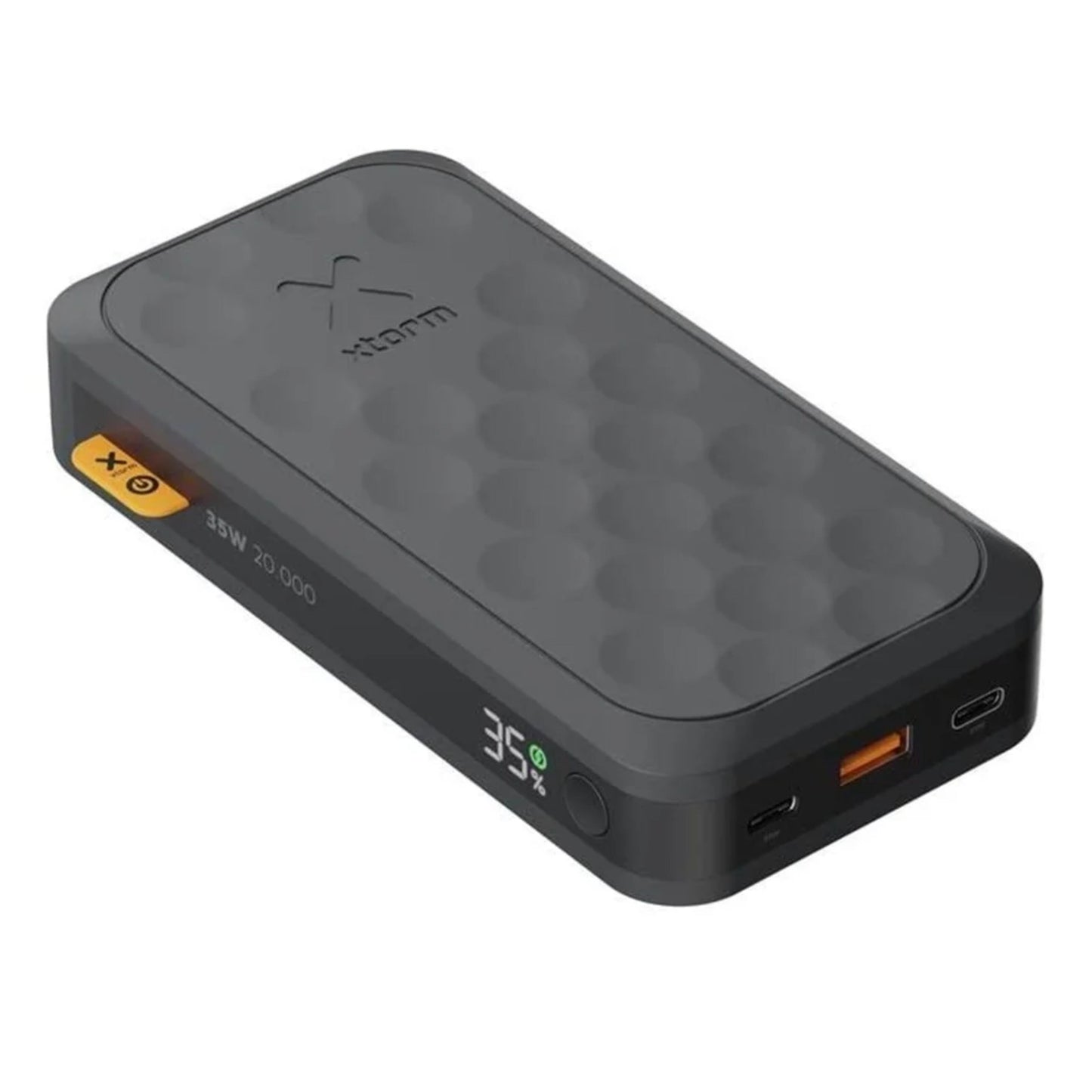 Xtorm Powerbank Fuel Series 5 20000mAh 35W sort med tekstureret top, USB-C PD, flere porte og 35-indikator ved logo.