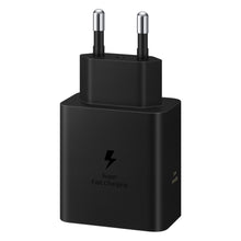 Samsung 60W USB-C oplader sort med to runde ben, Super Fast Charging label og lynsymbol, Power Delivery support.