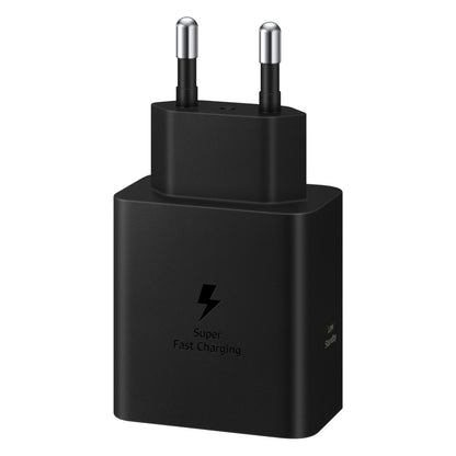 Samsung 60W USB-C oplader sort med to runde ben, Super Fast Charging label og lynsymbol, Power Delivery support.