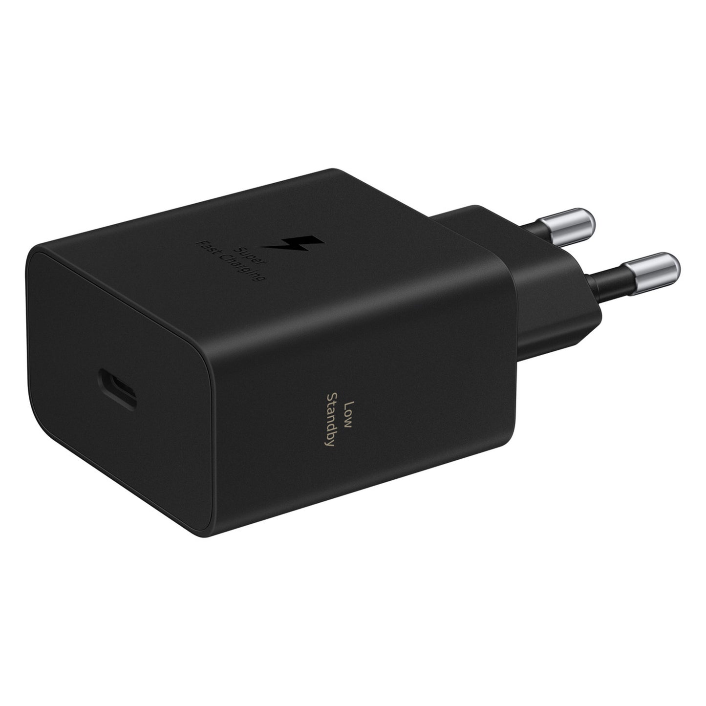 Samsung 60W USB-C oplader, sort, to runde EU-benser, Super Fast Charging-tekst, hurtig opladning og Power Delivery.