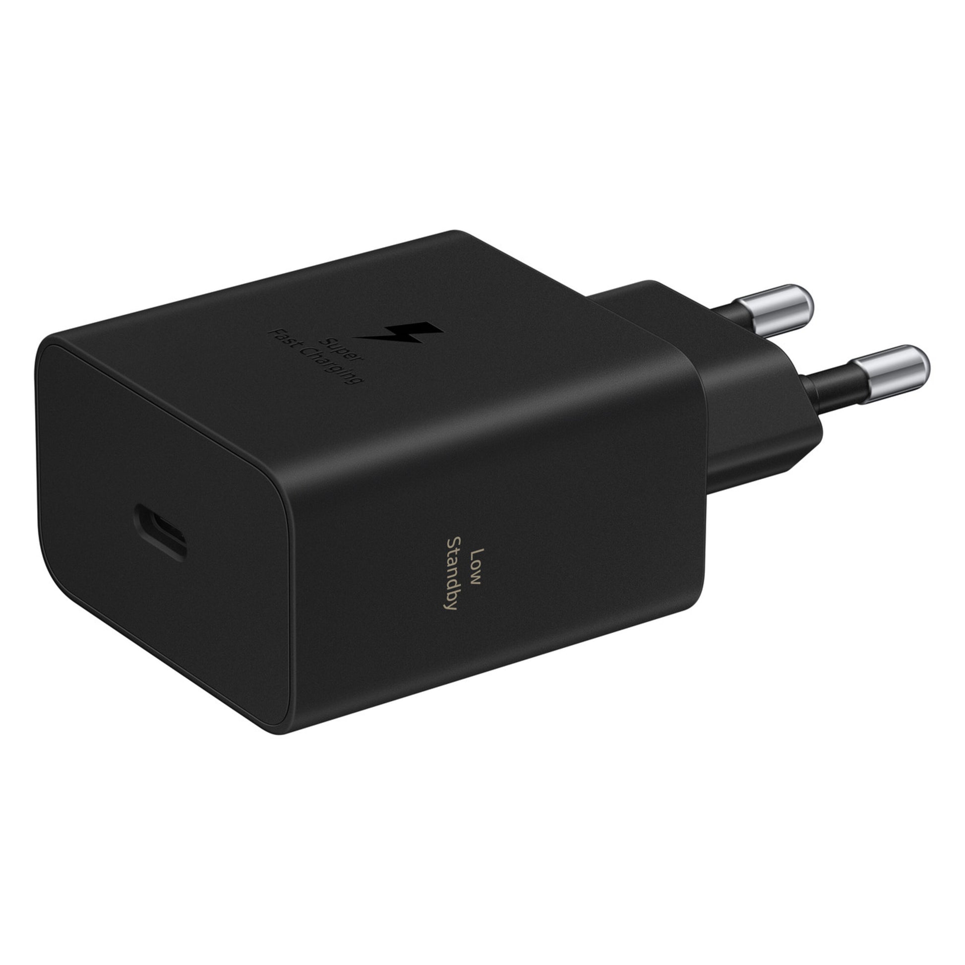 Samsung 60W USB-C oplader, sort, to runde EU-benser, Super Fast Charging-tekst, hurtig opladning og Power Delivery.