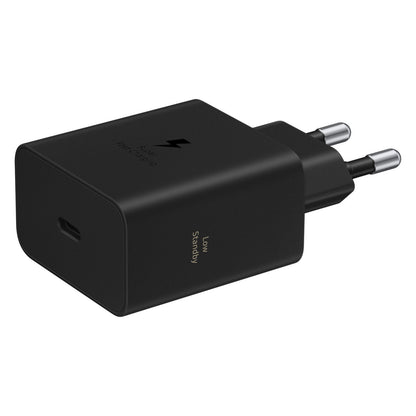 Samsung 60W USB-C oplader, sort, to runde EU-benser, Super Fast Charging-tekst, hurtig opladning og Power Delivery.