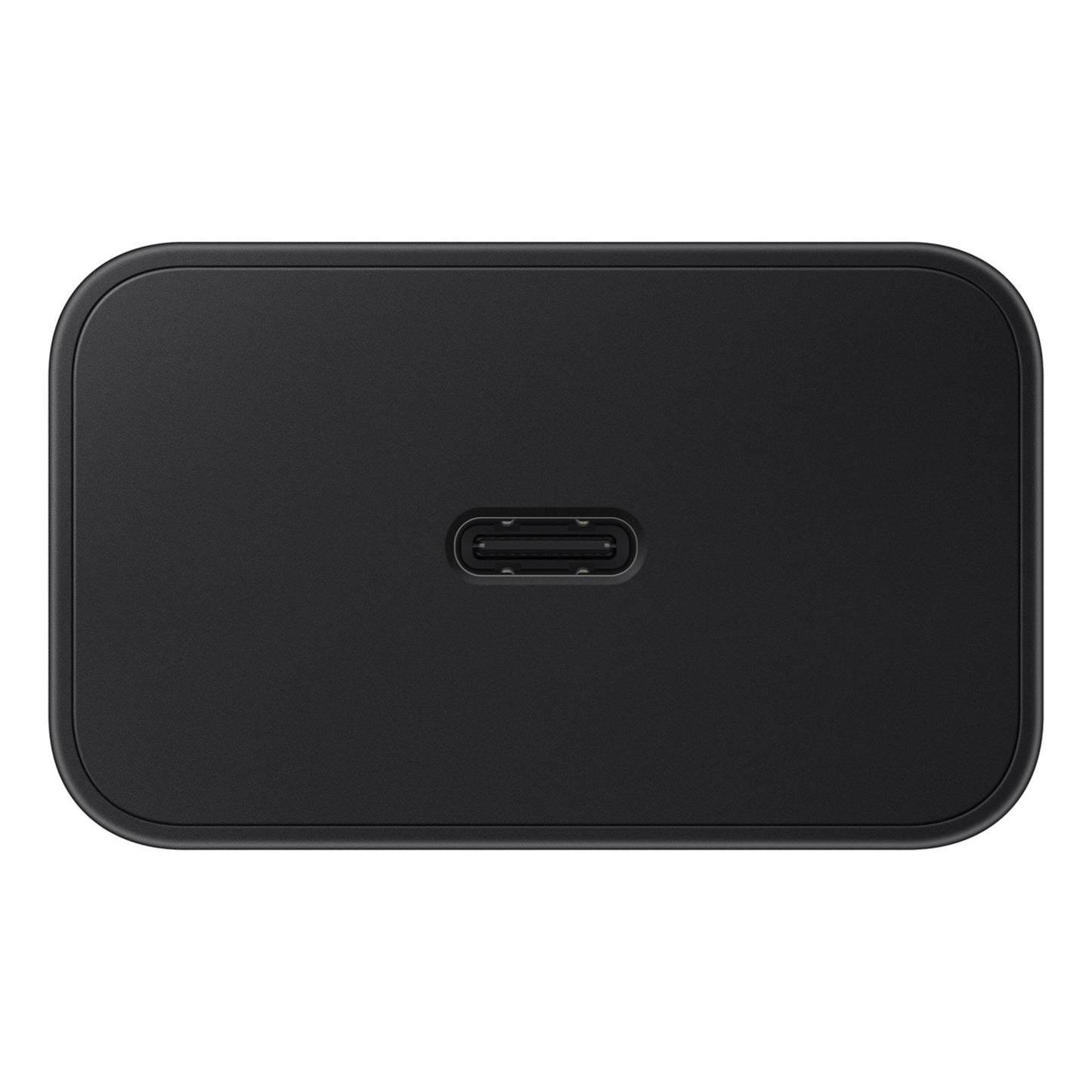 Samsung 60W USB-C oplader i sort, rektangulær med afrundede hjørner og centreret USB-C port til hurtig opladning.