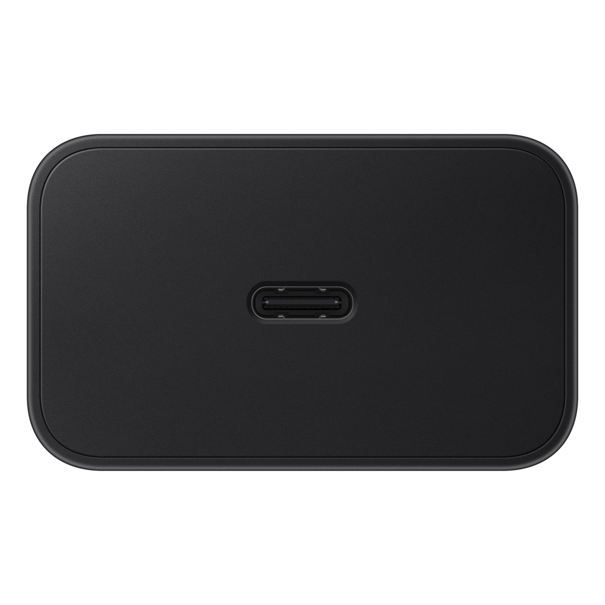Samsung 60W USB-C oplader i sort, rektangulær med afrundede hjørner og centreret USB-C port til hurtig opladning.