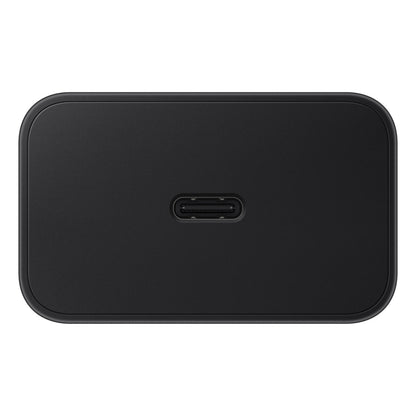 Samsung 60W USB-C oplader i sort, rektangulær med afrundede hjørner og centreret USB-C port til hurtig opladning.