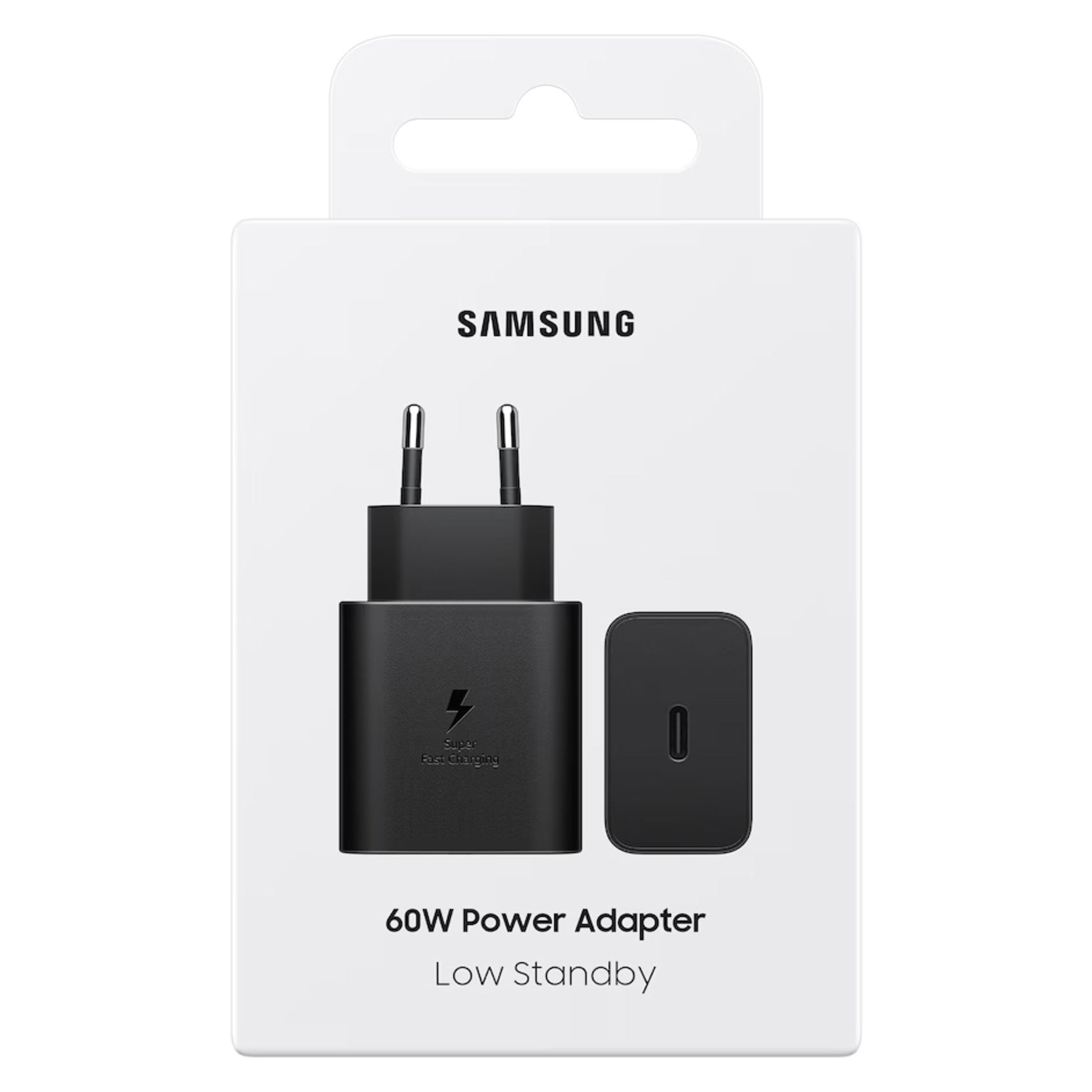 Samsung 60W USB-C oplader i sort med to runde stik, USB-C port, tekst "SAMSUNG", "60W Power Adapter", "Low Standby.