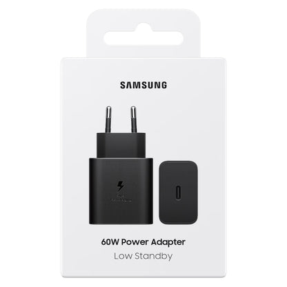 Samsung 60W USB-C oplader i sort med to runde stik, USB-C port, tekst "SAMSUNG", "60W Power Adapter", "Low Standby.