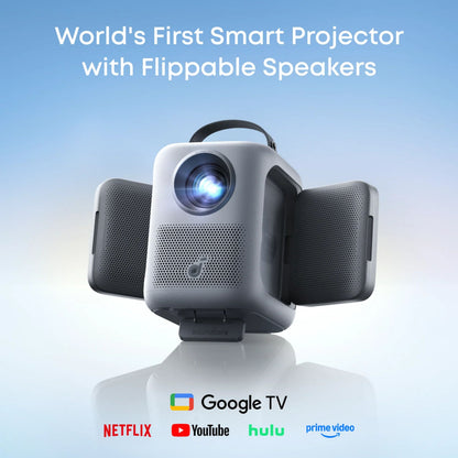 Nebula P1i smart bærbar projektor sorterer med vendbare højttalere, Google TV tekst og streamingtjenestelogos.