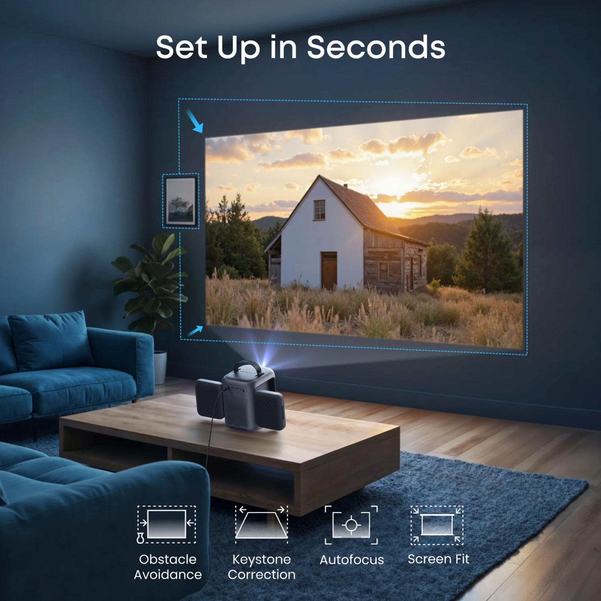 Nebula P1i smart bærbar projektor sort med vendbare højttalere, Full HD-projektion, ikoner til hurtig opsætning og autofokus.