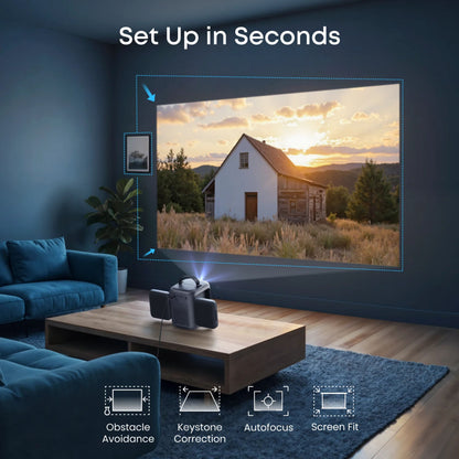 Nebula P1i smart bærbar projektor sort med vendbare højttalere, Full HD-projektion, ikoner til hurtig opsætning og autofokus.