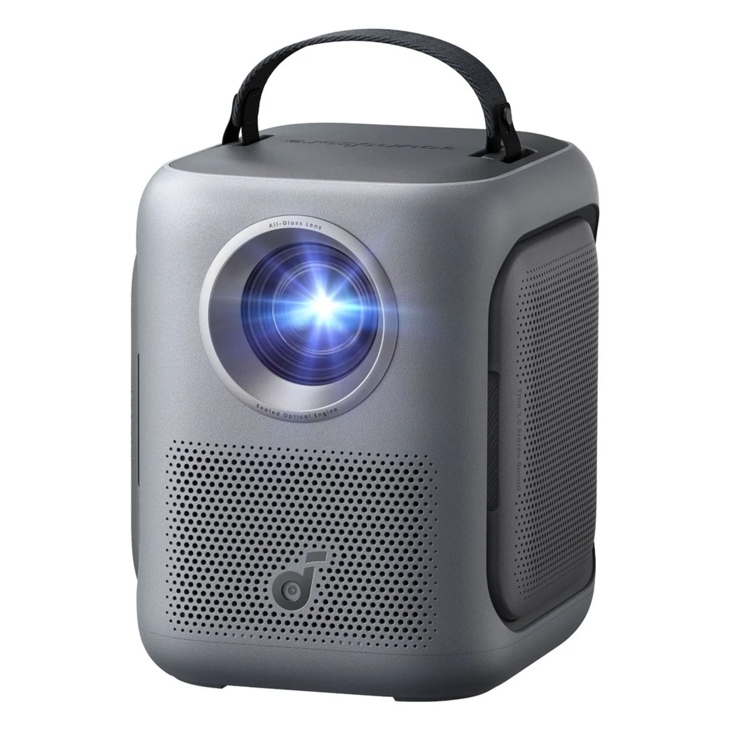 Nebula Soundcore P1i sort bærbar projektor, Full HD, lys linse, perforeret frontgrill, bærehåndtag og frontlogo.