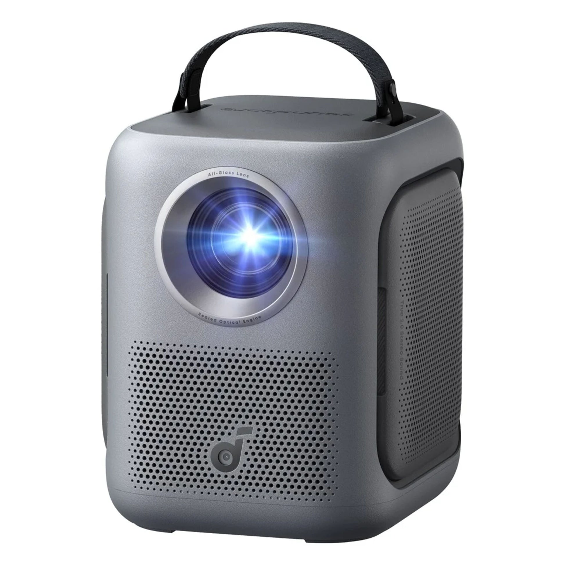 Nebula Soundcore P1i sort bærbar projektor, Full HD, lys linse, perforeret frontgrill, bærehåndtag og frontlogo.