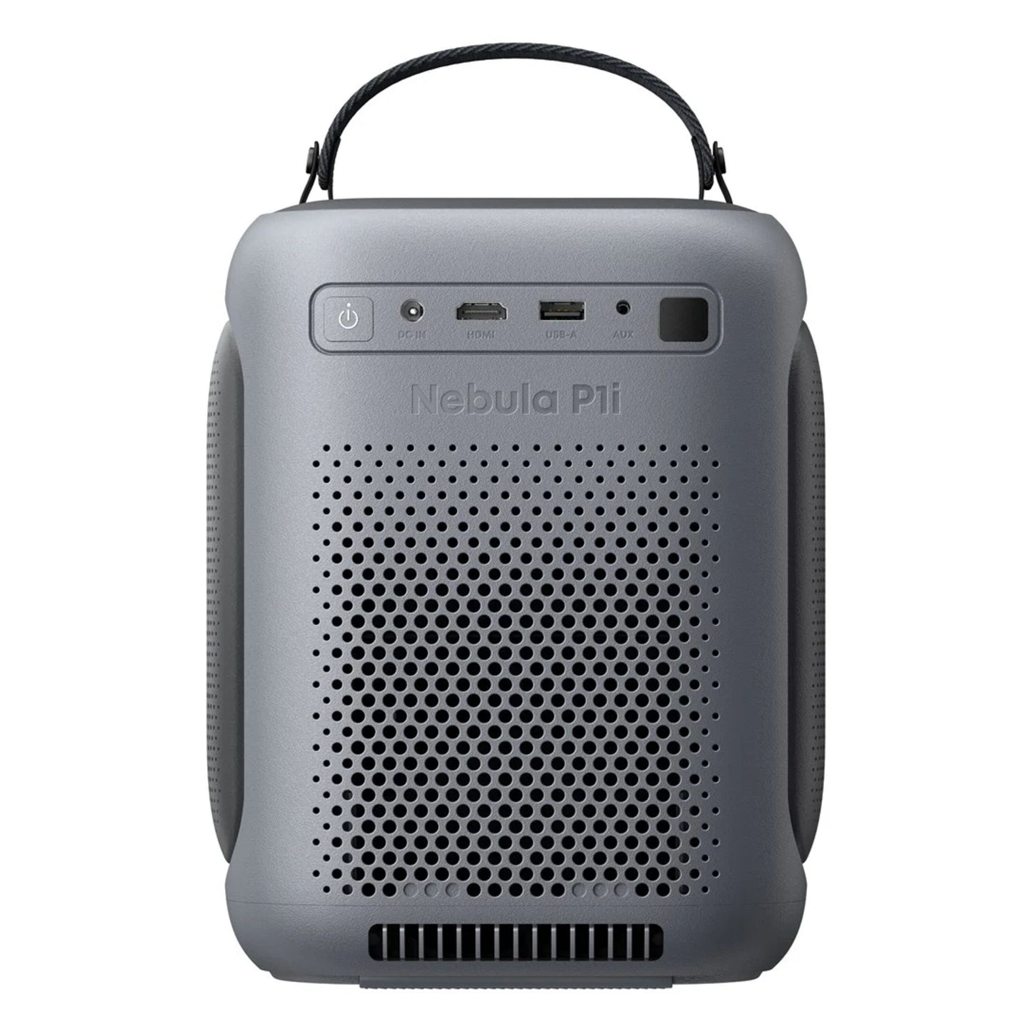 Nebula P1i smart bærbar projektor sort, vendbare højttalere, bærehåndtag, Full HD, DC-in, HDMI, USB-A og AUX bagpå.