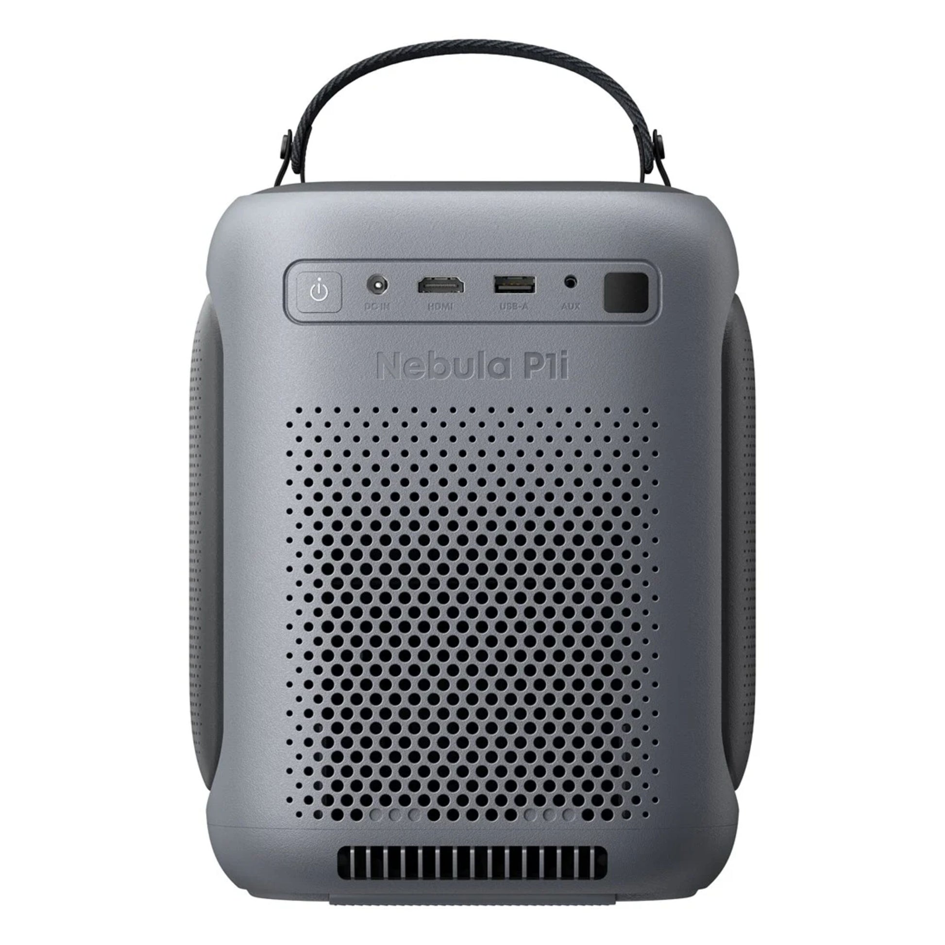 Nebula P1i smart bærbar projektor sort, vendbare højttalere, bærehåndtag, Full HD, DC-in, HDMI, USB-A og AUX bagpå.