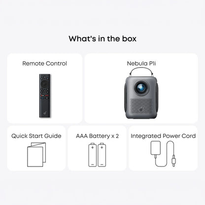 Nebula Soundcore P1i smart bærbar projektor sort, vendbare højttalere, fjernbetjening, quick guide, 2 AAA-batterier, strømkabel.