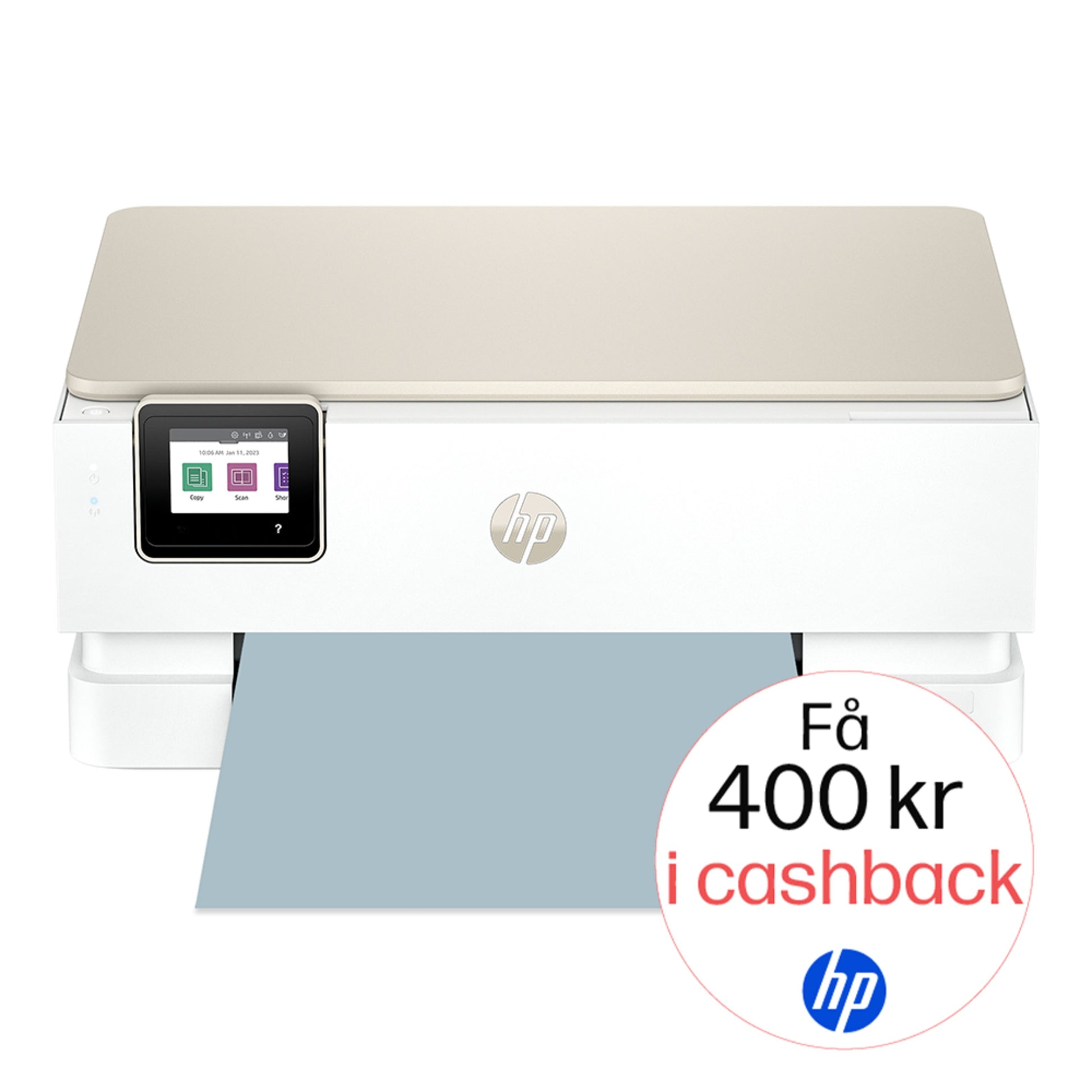 HP Envy Photo 7230 alt-i-en printer hvid med touchscreen, automatisk dobbeltsidet print, HP-logo og cashback-mærke.