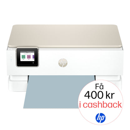HP Envy Photo 7230 alt-i-en printer hvid med touchscreen, automatisk dobbeltsidet print, HP-logo og cashback-mærke.