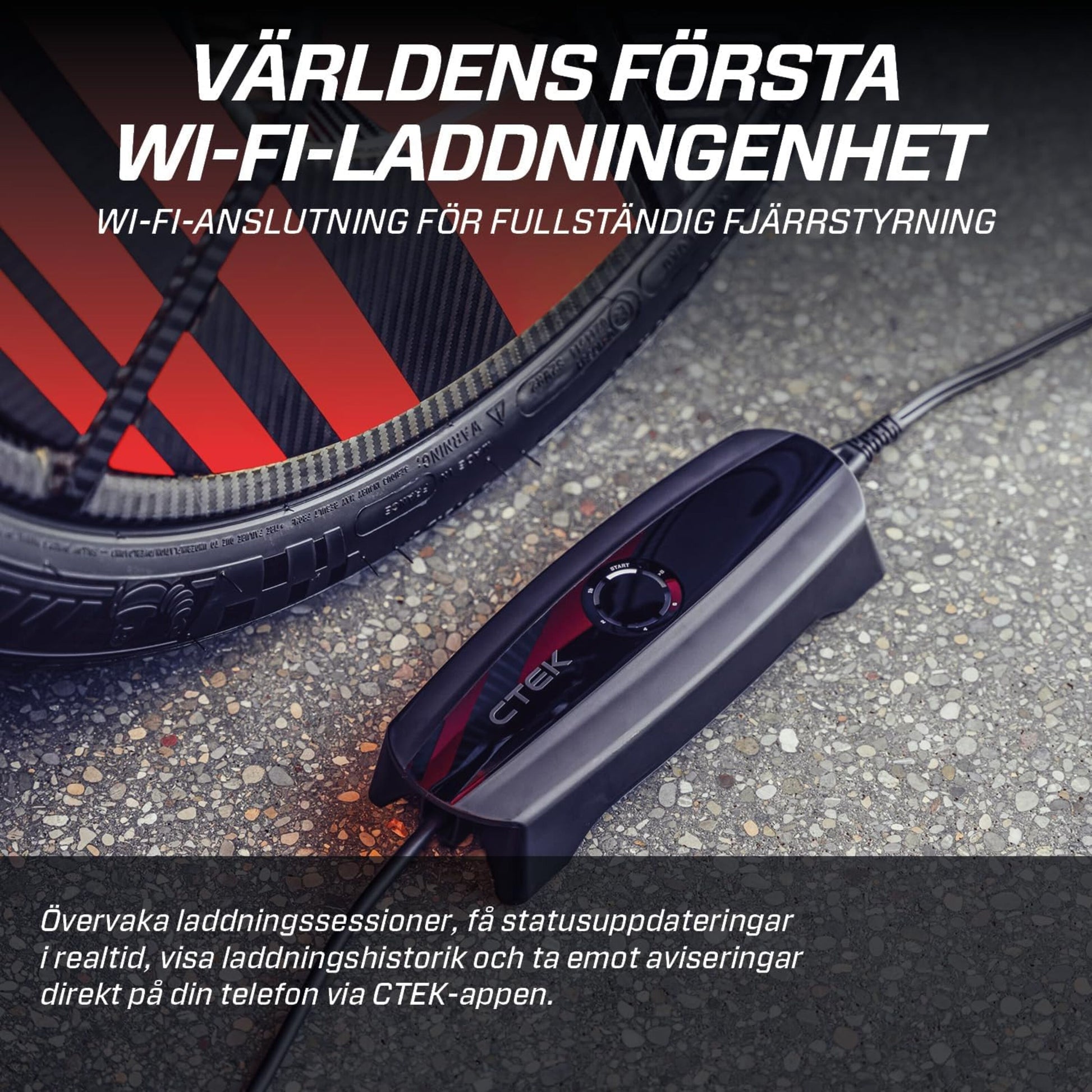 Ctek CS ONE Gen 2 smart batterioplader 12V til bil, tilsluttet bilbatteri, svensk tekst om Wi-Fi og mobil app-fjernovervågning.