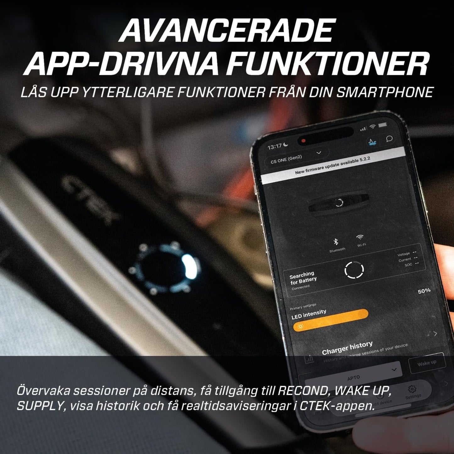 CTEK CS ONE Gen 2 smart batterioplader 12V med CTEK app og svensk APTO-teknologi tekst på skærmen.