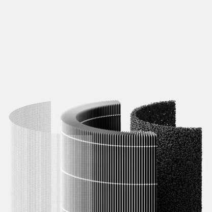Xiaomi Smart Luftrenser 6 filter, tre cylindriske dele med forskellige teksturer og tæthed, multi-lags filtersystem.