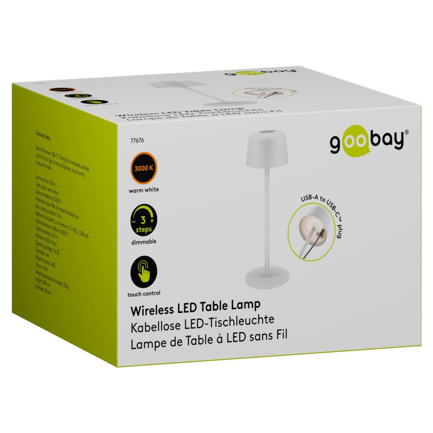 Trådløs LED-bordlampe 25 cm, Hvid