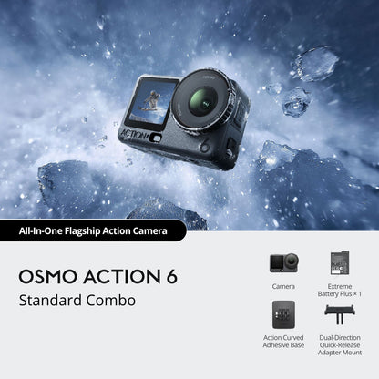 DJI Osmo Action 6 Standard Combo actionkamera med batteri, klæbende base og quick-release adapter, vises med vandsprøjt.