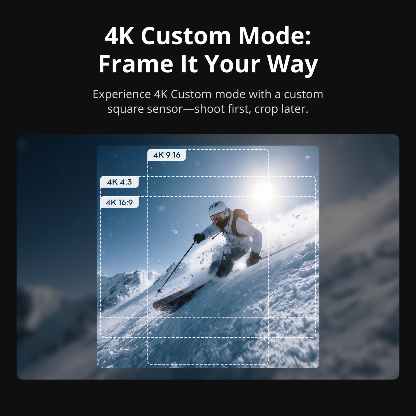 DJI Osmo Action 6 Standard Combo med synlige Frame It Your Way aspect ratio-bokse og RockSteady 3.0-funktion.