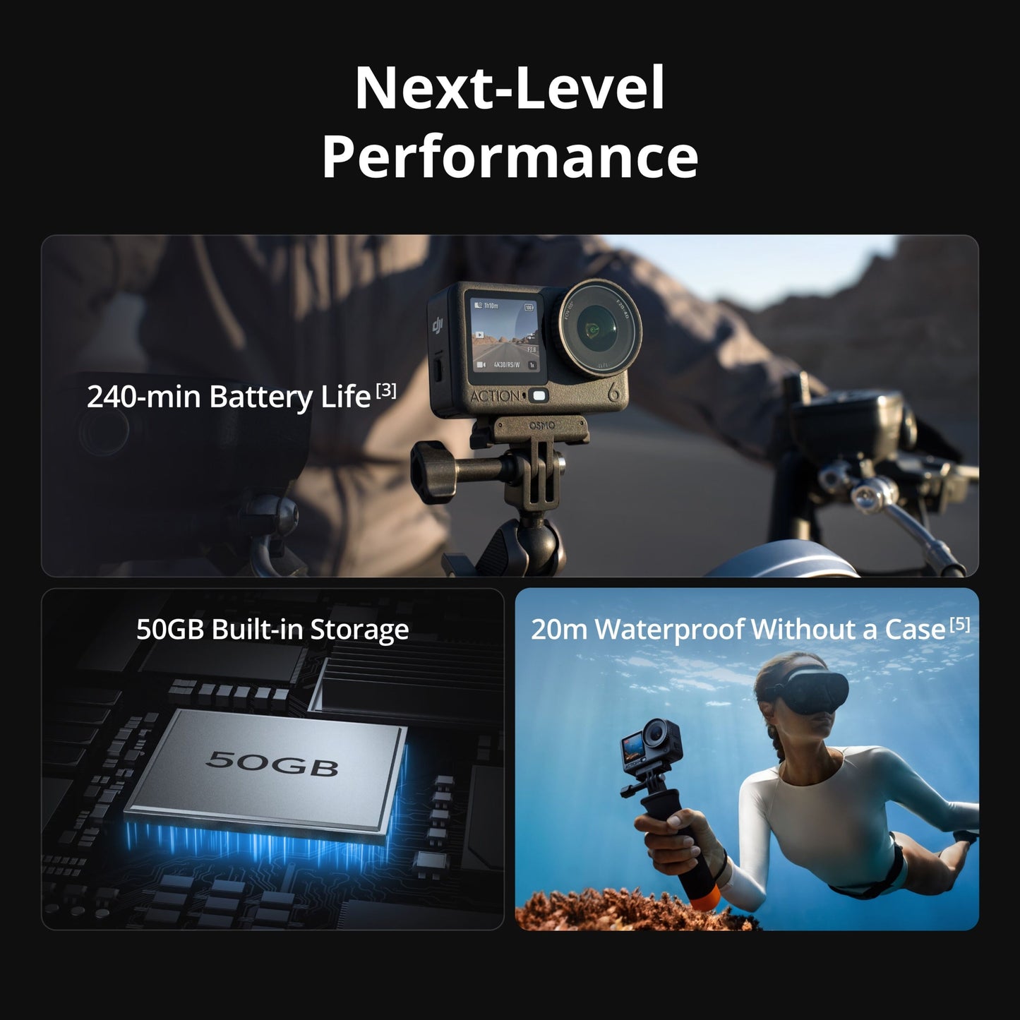 DJI Osmo Action 6 Standard Combo actionkamera, RockSteady 3.0, 240 min batteri, 50GB lager, vandtæt ned til 20 m.