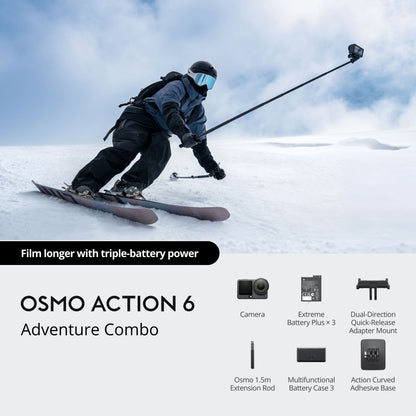 DJI Osmo Action 6 Adventure Combo actionkamera på forlængerstang, sort, tilbehør vises nederst, tekst: Film længere.