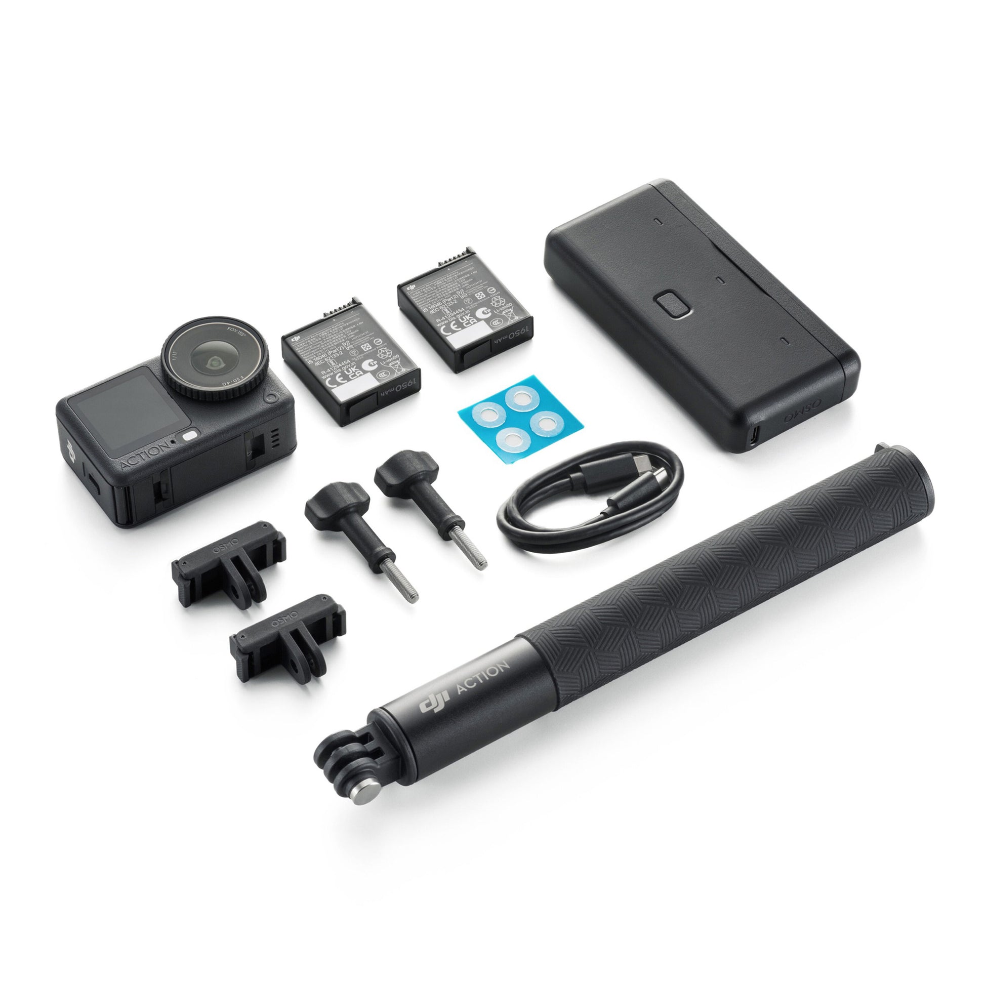 DJI Osmo Action 6 Adventure Combo kamera med 2 batterier, oplader, stativgreb, beslag, skruer, USB-kabel og pads.