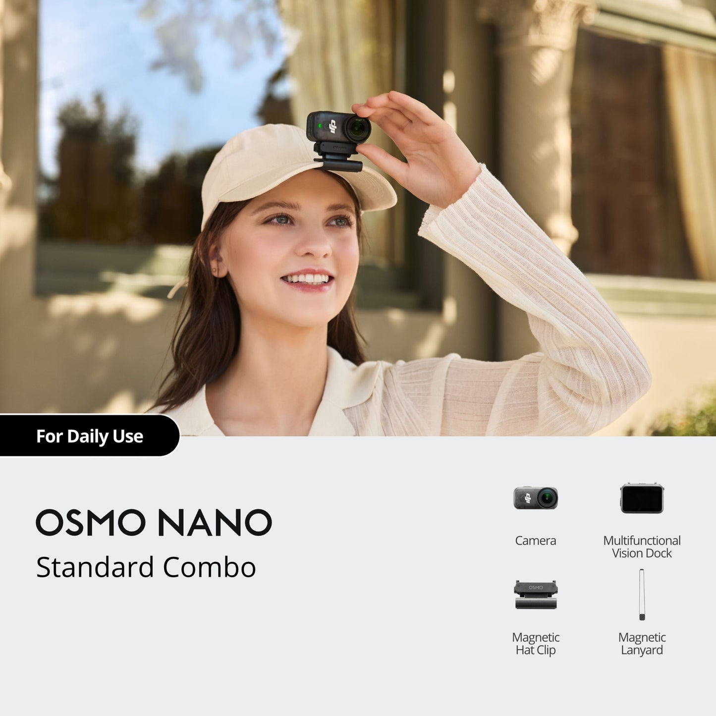 Dji Osmo Nano actionkamera 128 GB monteret på beige cap, kvinde holder den, Nano Standard Combo inkl. kamera og tilbehør.