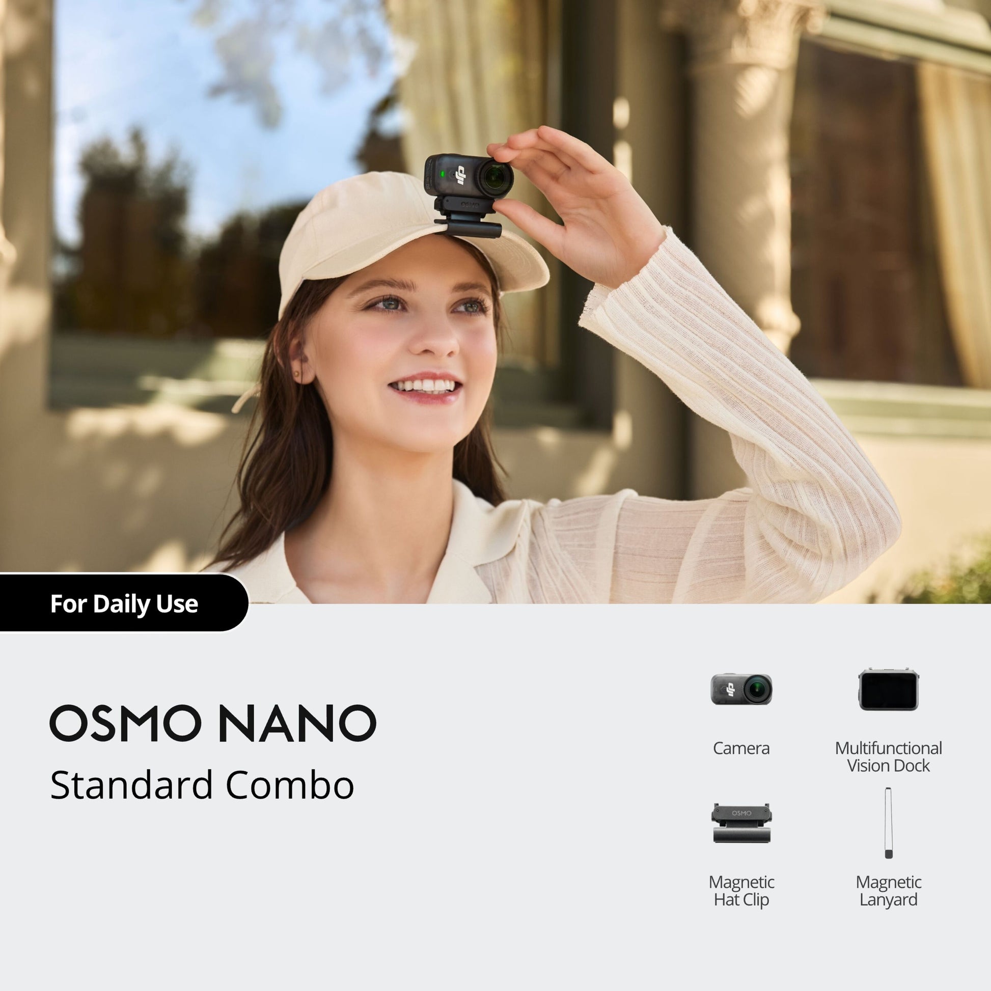 Dji Osmo Nano actionkamera 128 GB monteret på beige cap, kvinde holder den, Nano Standard Combo inkl. kamera og tilbehør.