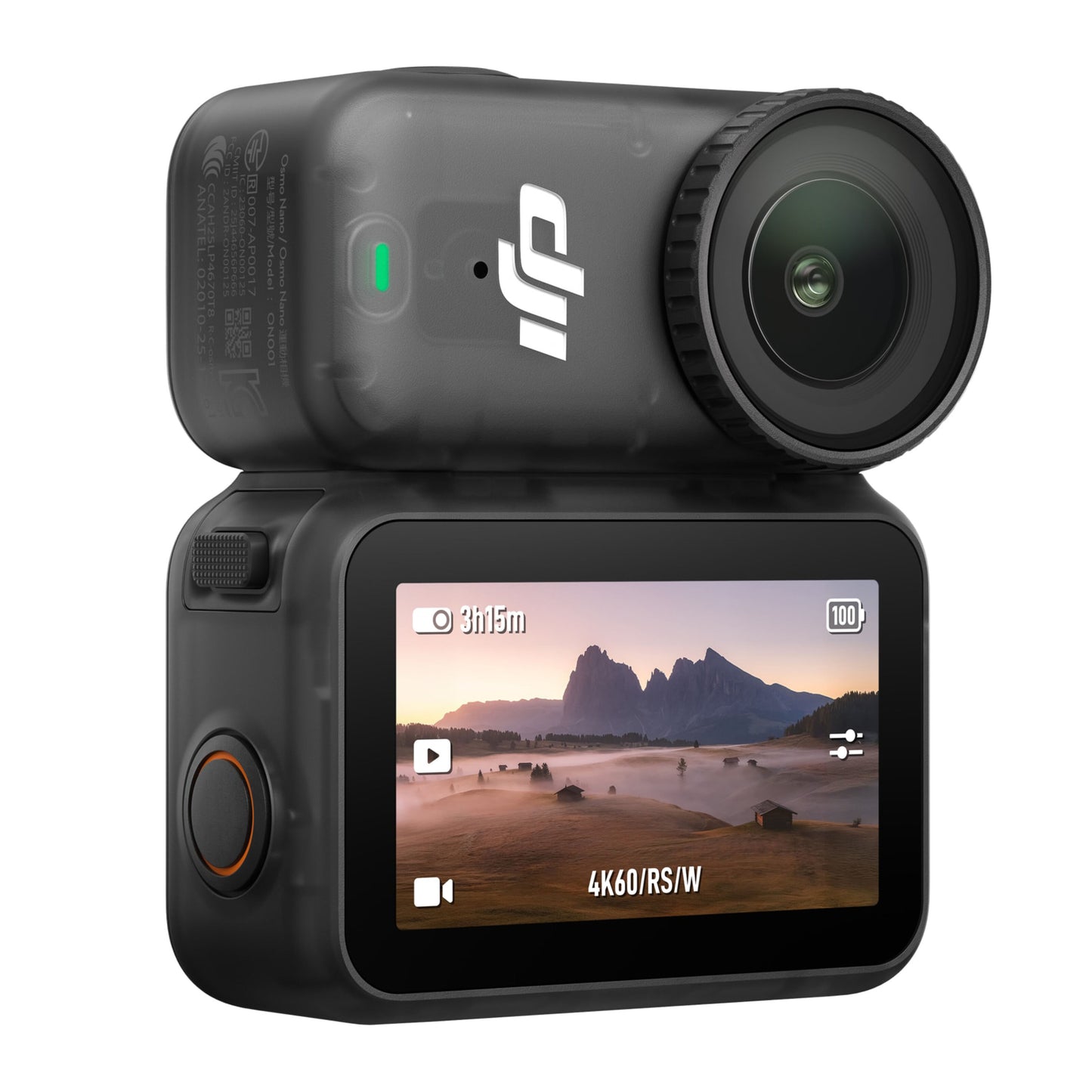 DJI Osmo Nano actionkamera 128GB, kompakt 4K, magnetisk montering, fremtrædende linse, bageste skærm med statusikoner.