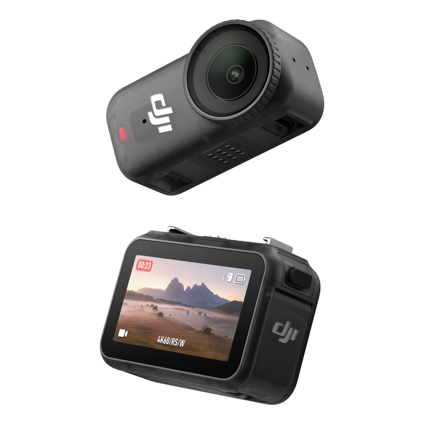 Dji Osmo Nano actionkamera 128 GB, front med linse og logo, bagside med skærm, 4K interface, magnetisk fæste.