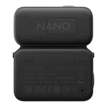 DJI Osmo Nano sort actionkamera 128 GB, NANO label, magnetisk fastgørelse, EAC UKCA RoHS certificeringer.