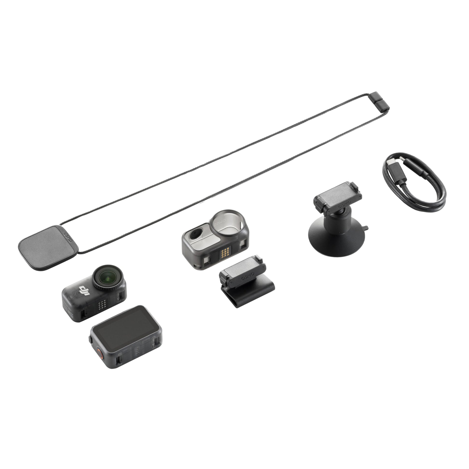 DJI Osmo Nano actionkamera 128 GB med batteri, magnetiske holdere, opladerkabel, rem og adapter.