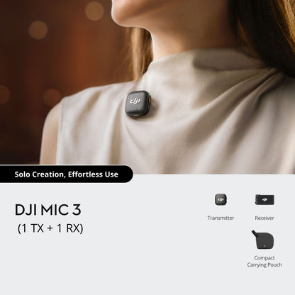 DJI Mic 3 trådløst mikrofonsystem med omnidirektionel mikrofon, sender, modtager og kompakt etui klippet på kvindes krave.