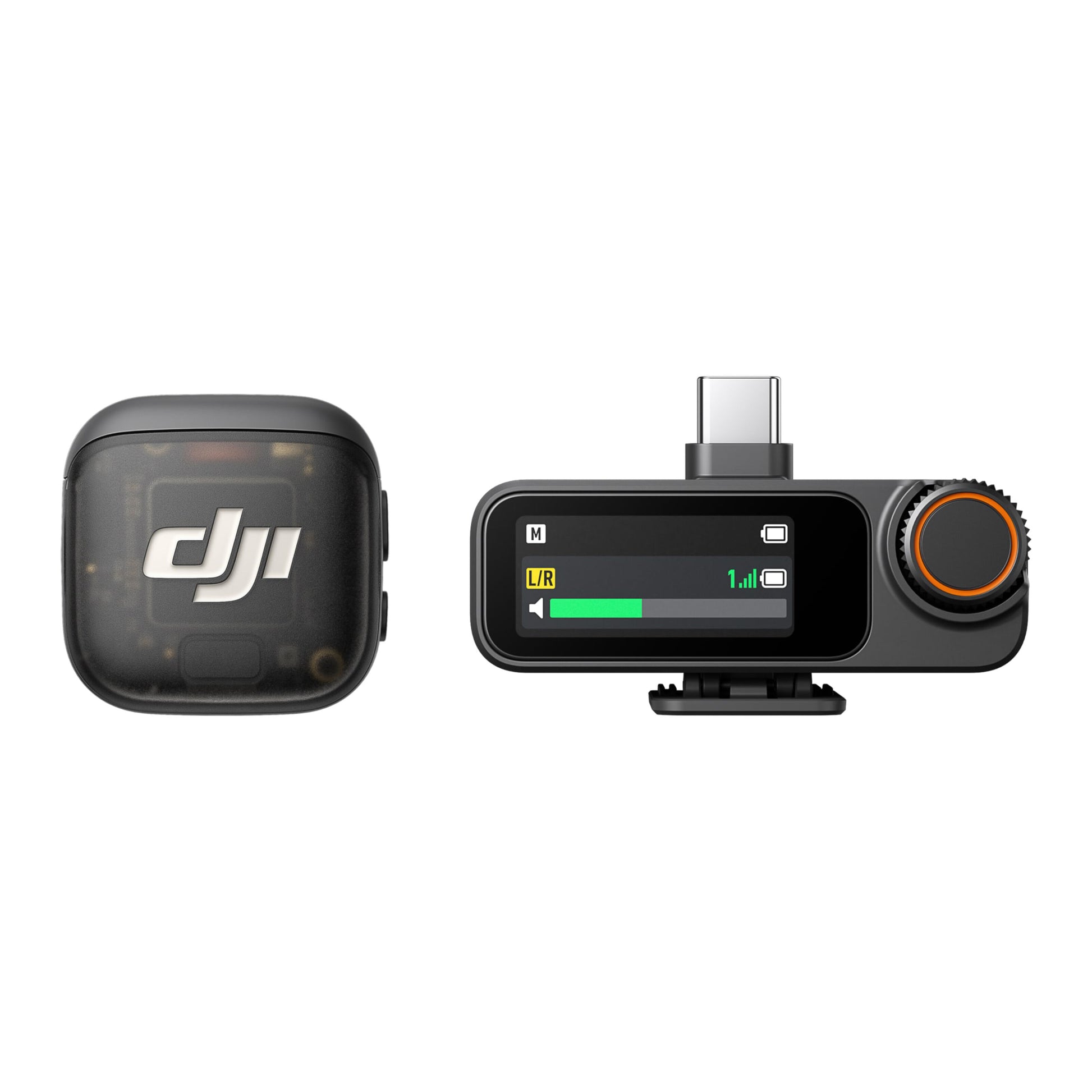 DJI Mic 3 trådløst mikrofonsystem, sort receiver med lydniveauvisning, styring og kompakt sender med DJI-logo.