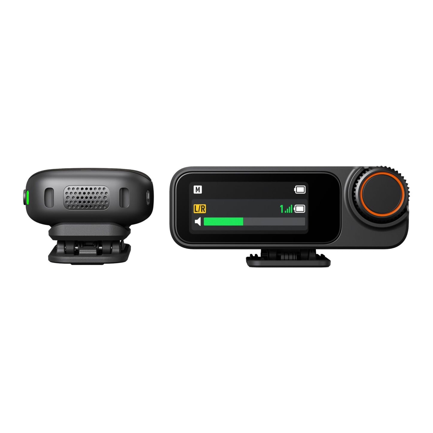 DJI Mic 3 trådløst mikrofonsystem 1 sender og 1 modtager med rund mikrofon og rektangulær modtager med display.