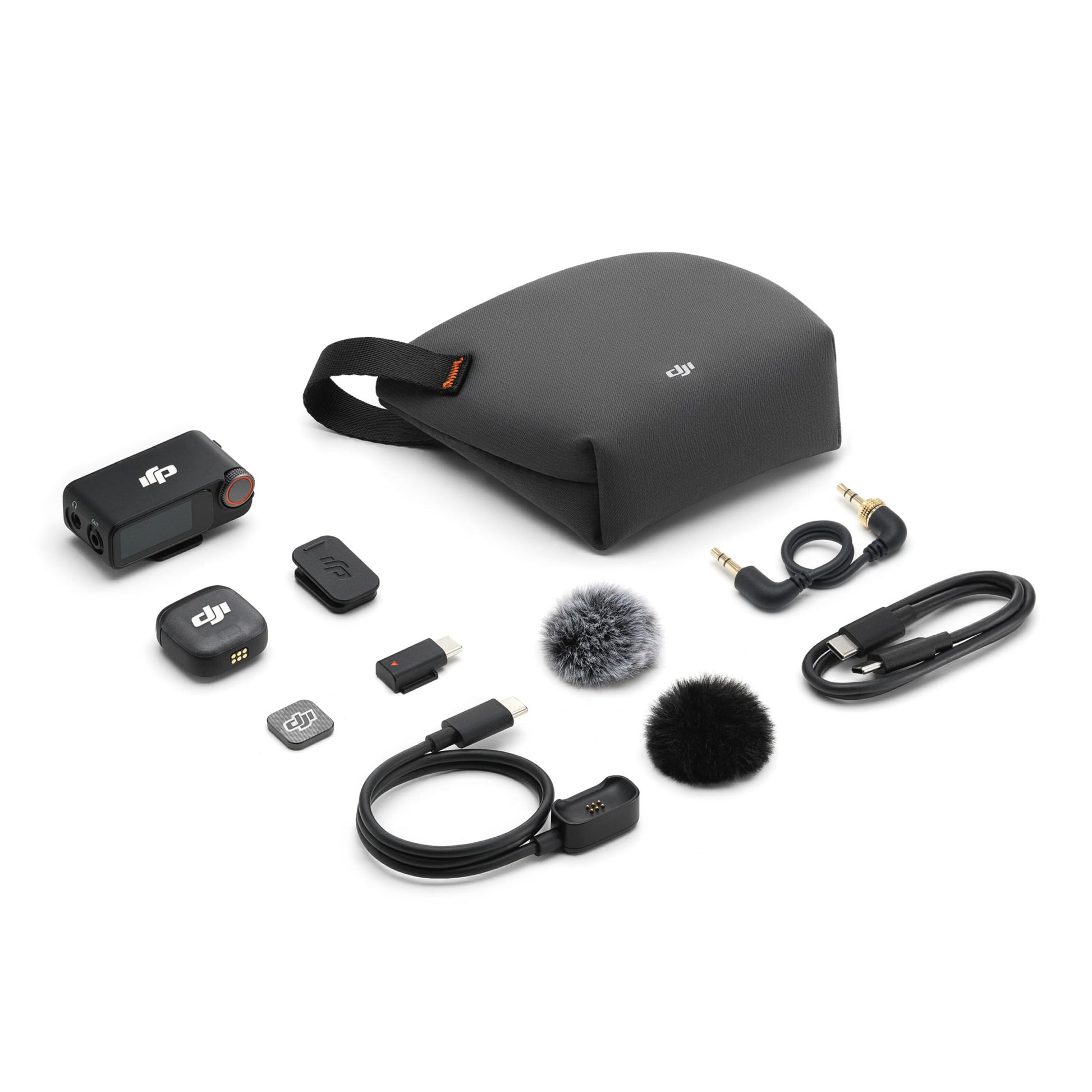 DJI Mic 3 trådløst mikrofonsystem, 1 sender, 1 modtager, omnidirektionel mikrofon, vindskærm, adaptere, USB-kabel.